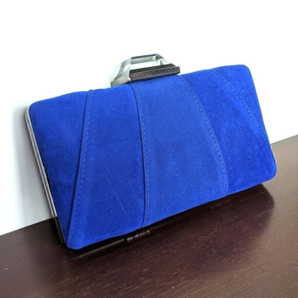 JNB Blue Faux Micro Suede Dress Handbag with Optional Chain Strap - Picture 1 of 11